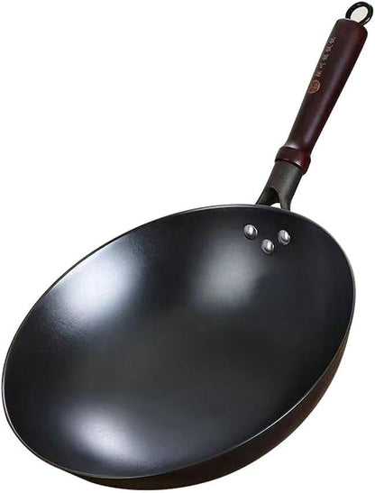 Cast Iron Wok Pan 12.6 Inch with Wooden Handle, Chinese round Bottom Cooking Wok Small Size Coating Free1