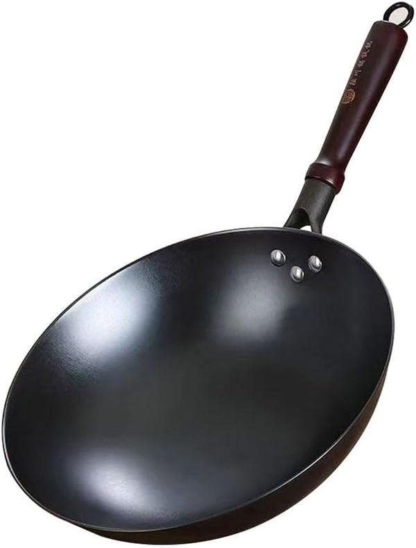 Cast Iron Wok Pan 12.6 Inch with Wooden Handle, Chinese round Bottom Cooking Wok Small Size Coating Free1