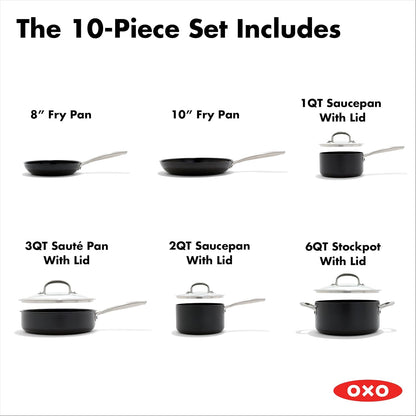 OXO Enhanced 10 Piece Cookware Pots & Pans Set, Pfas-Free Ceramic Nonstick, Durable Hard Anodized Cookware, Scratch Resistant, Stainless Steel Handle, Good Grips, Dishwasher & Oven Safe, Black4