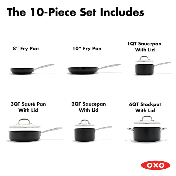 OXO Enhanced 10 Piece Cookware Pots & Pans Set, Pfas-Free Ceramic Nonstick, Durable Hard Anodized Cookware, Scratch Resistant, Stainless Steel Handle, Good Grips, Dishwasher & Oven Safe, Black4