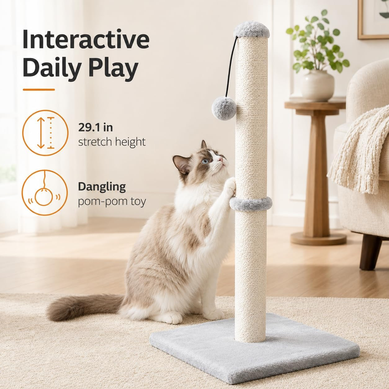 dimaka-29-height-tall-cat-scratching-post-claw-scratcher-with-sisal-rope-and-covered-with-soft-smooth-plush-vertical-scratch-full-strectch-for-standard-size-catsgrey-29-inches-for-all-cats