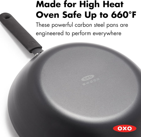 OXO Obsidian Pre-Seasoned Carbon Steel, 12" Wok Pan with Removable Silicone Handle Holder, Induction, Oven Safe, Black6