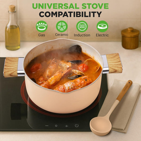Ceramic Cookware Set with Cooking Utensils - 14-Piece Nonstick Cookware Set with Glass Lids, Compatible with All Cooktops, Heat-Resistant Handles and Stylish Finish (Pink)2