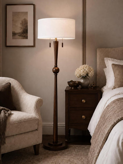 Solid Wood Floor Lamp for Living Room,Pull Chains Standing Lamp | 62.8" Tall,17" White Drum Shade,Sculptural Wood Base & Stem,2-Light Design,Standing Lamp for Bedroom,2 Bulbs Included9