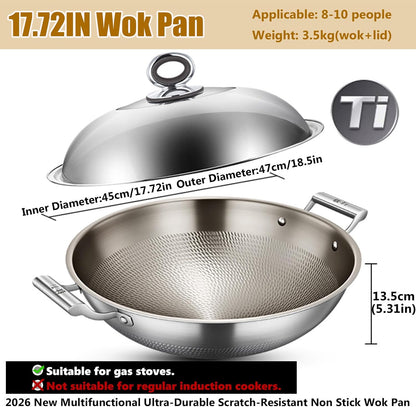 Titanium Wok, Titanium Pans for Cooking, Hammered Pan Pro Cookware | round Bottom Double Handles, PFAS/PFOA/PTFE Free, Non Stick Ultra-Durable Scratch-Resistant Even Heating, with Lid 17.72In2