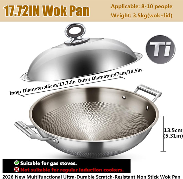 Titanium Wok, Titanium Pans for Cooking, Hammered Pan Pro Cookware | round Bottom Double Handles, PFAS/PFOA/PTFE Free, Non Stick Ultra-Durable Scratch-Resistant Even Heating, with Lid 17.72In2