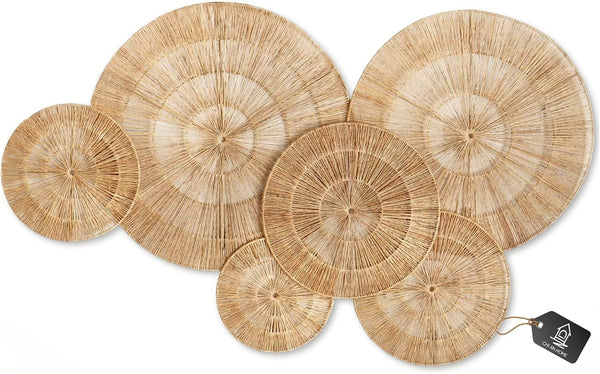 Wicker 23 Inch Jute Wall Decor Baskets, Set of 6 Extra Large Woven Jute Wall Plates, 23",21",15",13",12,10", Decorative Baskets for Wall Arts, Wall Hanging for Bedroom, Living Room, Office | 23", 21", 15", 13", 12", 10" Natural Handwoven Jute Boho Wall Art, Coastal Wall Basket for Living Room, Bedroom, Entryway1