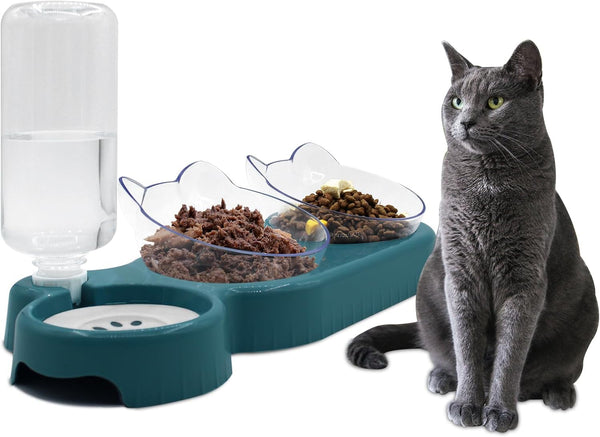 Triple Cat Bowls,15°Tilt 3-In-1 Water Feeder Bowls Cat Double Food Bowls with Automatic Water Bottle Bowl, Whisker Friendly Wet and Dry Cat Elevated Feeding Dishes for Small Cat and Puppy (Pink)11