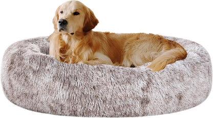 Coohom Oval Calming Donut Cuddler Dog Bed,Shag Faux Fur Cat Bed Washable round Pillow Pet Bed(30"/36"/43") for Medium Dogs (Xl(36"X27"X7"),Light Brown)1