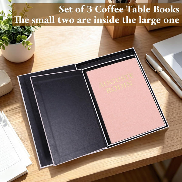 3 Pack Linen Decorative Books for Home Decor Coffee Table Book Boxes | Modern Linen, Ivory, Pink Tones with Hollow Design Chic Storage Box Keepsakes in 3 Sizes for Gifts, Shelves, Living Rooms3