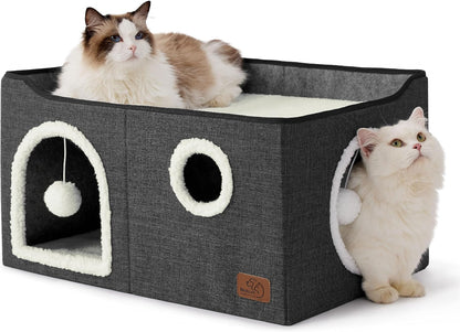 Bedsure Cat House Bed for Indoor Cats with Fluffy Ball and Scratch Pad,Grey | 16.5X16.5X13 In,Large Cat Cave for Multiple Pets,Foldable Cat Hideway Cube for Sleeping Kitten24