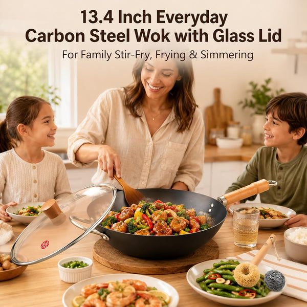 13.4 Inch Carbon Steel Wok Pan with Glass Lid, Flat Bottom Chinese Stir Fry Wok for Induction, Gas and Electric Stoves, Uncoated Iron Wok for Stir Frying, Sautéing and Deep Frying7