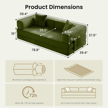 78.8" Convertible Futon Sofa Bed, Boneless Couch for Living Room | Corduroy Boneless Loveseat Sleeper Sofa, Modular Futon Couch with Storage Pocket, Pull Out Couch No Assembly | Green2