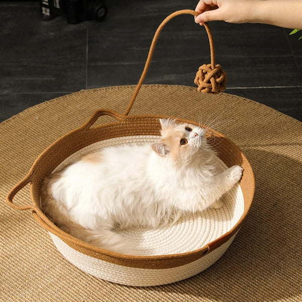 Handwoven Cotton Rope Cat Bed - Breathable & Easy to Clean, Foldable Scratchable Hammock with Cat Ear Design, with a Playing Ball for Kittens - Large Brown8