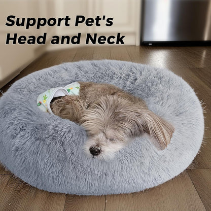 Calming round Dog Bed & Cat Bed for Indoor Cats, Medium Size Washable Anti-Slip Anti-Anxiety Donut Dog Beds for Small Dogs & Cats, Fluffy Plush Soft Dog Bed(20 Inch, Light Grey)2