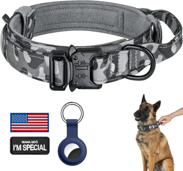 DAGANXI Tactical Dog Collar, Adjustable Military Training Nylon Dog Collar with Control Handle and Heavy Metal Buckle for Medium and Large Dogs, with Patches and Airtags Case (L, Black)42