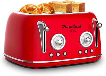 4‑Slice Extra‑Wide Long Slot Toaster, Removable Crumb Tray, Adjustable Browning Control, Bagel Defrost Reheat Function,Retro Red2