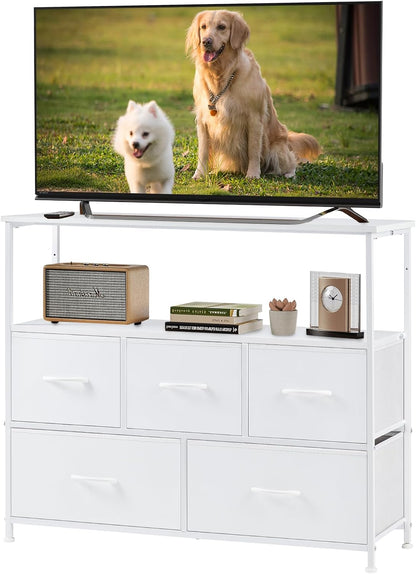 TV Stand Dresser, Media Console, Storage Drawers | 5 Fabric Open Shelf, Compact Entertainment Unit for Bedroom, Living Space, Dorm Organization, White1