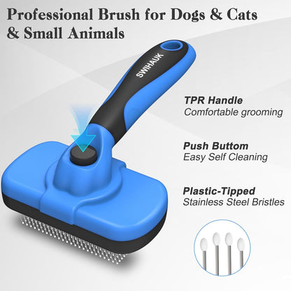 Swihauk Self Cleaning Slicker Brush - Skin Friendly Deshedding Grooming Tool for Dogs & Cats, Suitable for Shedding & Haired Pets, with Pet Supplies Accessories, Blue2