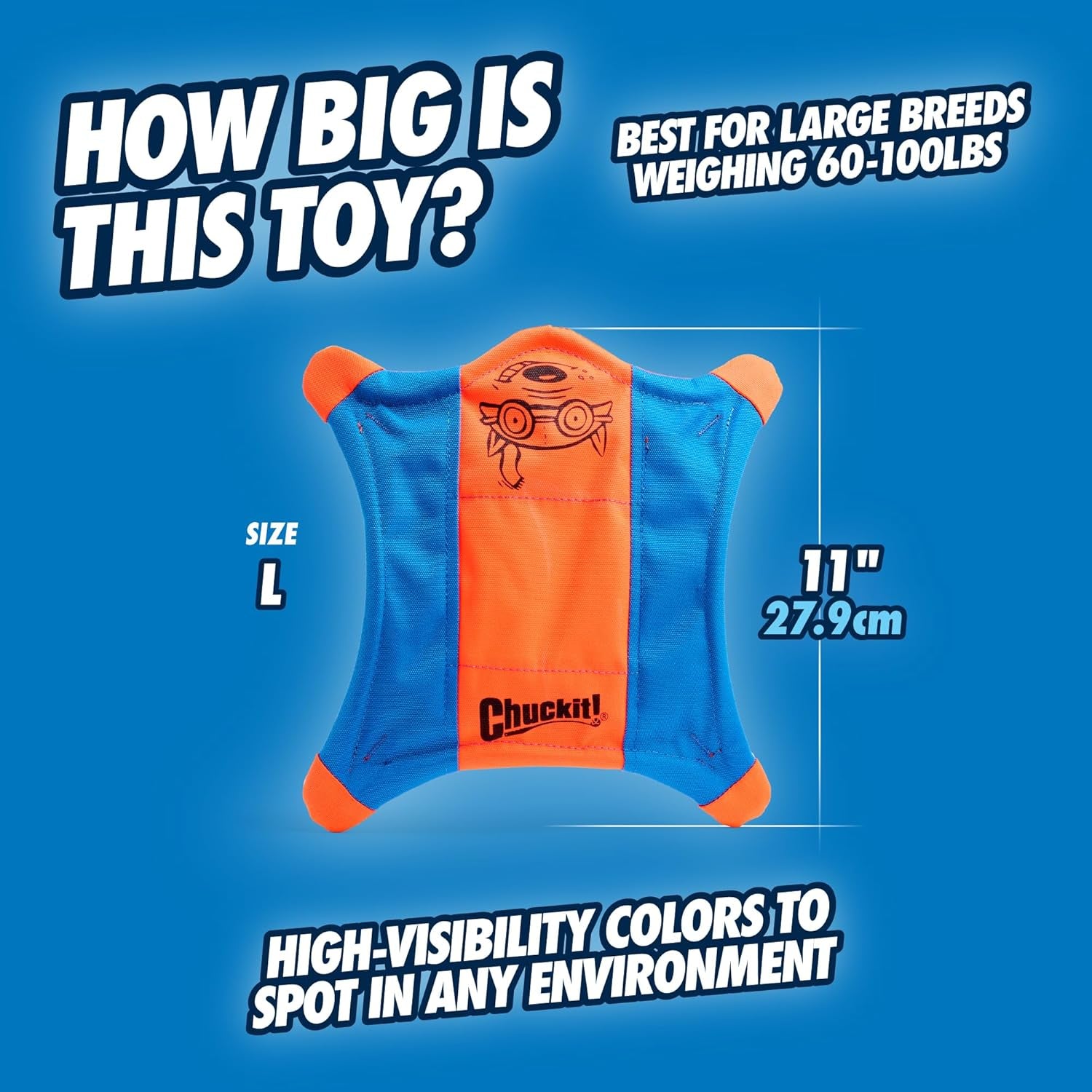 chuckit-flying-squirrel-fetch-dog-toy-water-floating-flyer-soft-and-durable-polyester-canvas-construction-for-large-dogs-size-large-11-inch-diameter-pack-of-1-orange-and-blue
