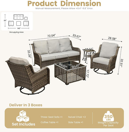 5 Pieces Outdoor Patio Furniture Set,Wicker Conversation Set with Tall Back Couch Swivel Chairs and Solar Table,Gray Wicker/Gray Cushion8