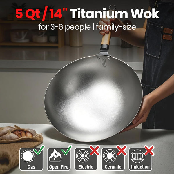 14'' Titanium Wok Pans for Cooking, Non-Stick Stir Fry Pan with Lid | Pure Titanium Cookware, 5 Quarts Capacity, Non Toxic Wok, PFAS, PFOA & PTFE Free, Gas & Open Fire Only, Dishwasher Safe4