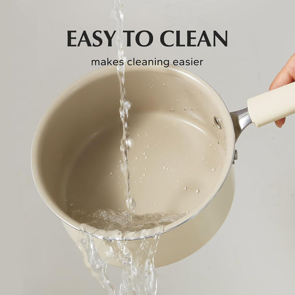 Ceramic Nonstick Saucepan with Lid, 2.5QT Small Cooking Pot, Non Toxic Sauce Pans for Kitchen, Cool Handle PFAS Free Compatible with All Cooktops, White3