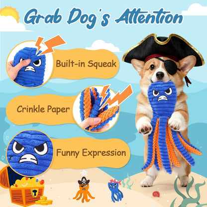Zeaxuie Interactive Dog Toys for Chewers, 2 Pack No Stuffing Dog Toys for Teething, Squeaky Chew Toy to Keep Them Busy for Small and Medium Breed, Crinkle Octopus3