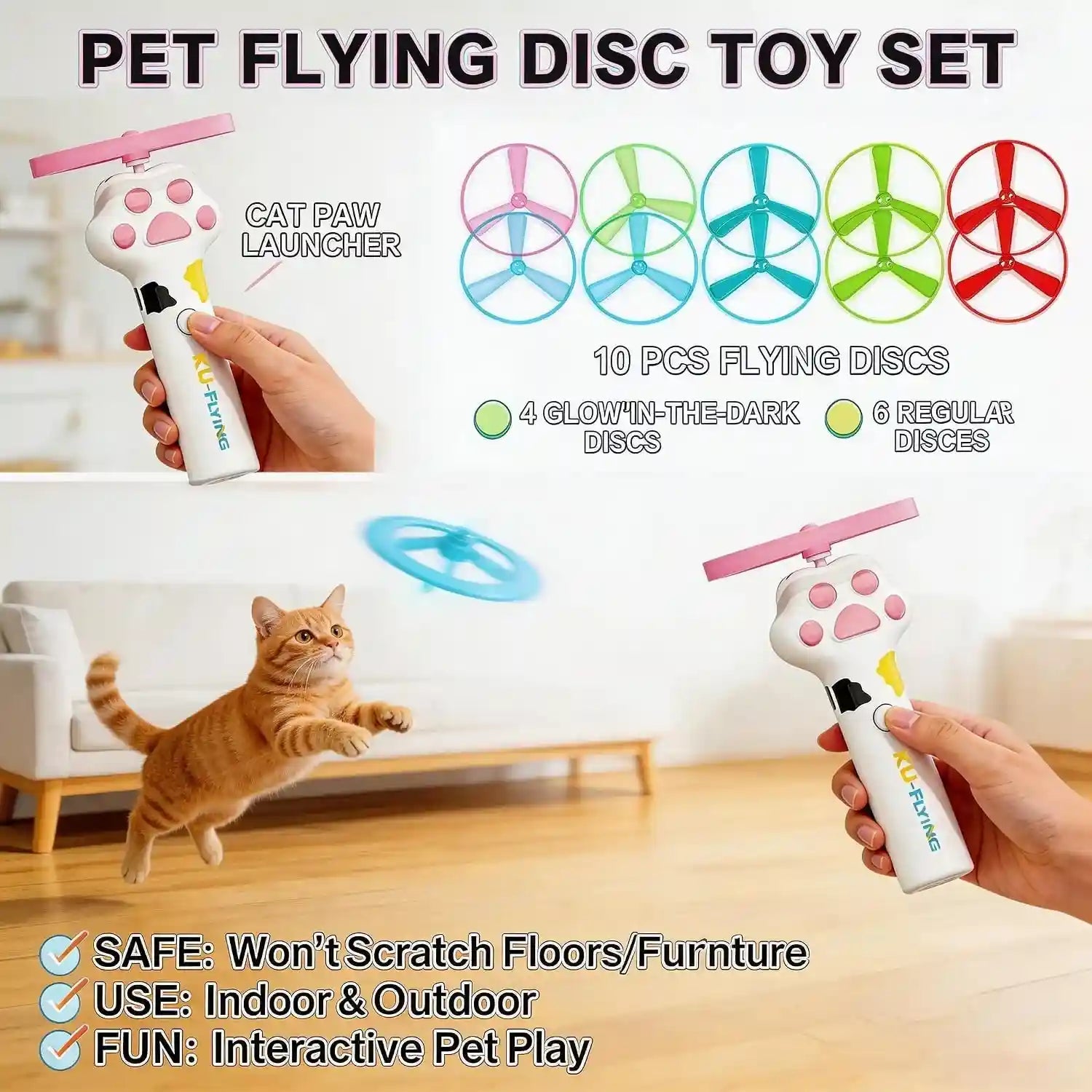 cat-fetch-toy-launcher-flying-disc-launcher-toy-rechargeable-with-10-flying-discs-flying-cat-toy-disc-launcher-for-kitten-dog-playing-interactive-hunting-tracking-toys-for-outdoor-indoor-white