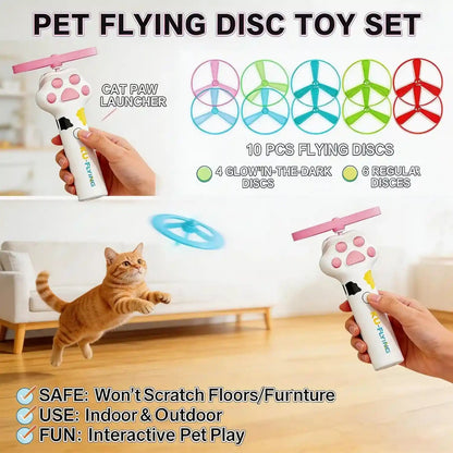 Cat Fetch Toy Launcher,Flying Disc Launcher Toy Rechargeable with 10 Flying Discs,Flying Cat Toy Disc Launcher for Kitten Dog Playing Interactive Hunting Tracking Toys for Outdoor Indoor,White6
