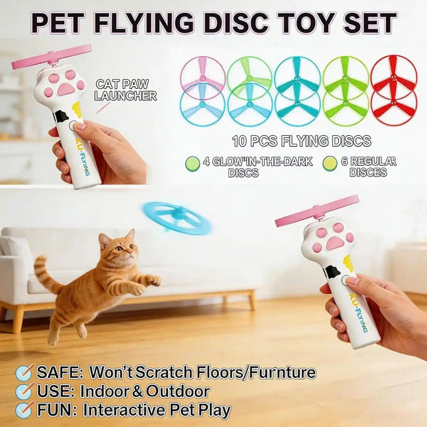 Cat Fetch Toy Launcher,Flying Disc Launcher Toy Rechargeable with 10 Flying Discs,Flying Cat Toy Disc Launcher for Kitten Dog Playing Interactive Hunting Tracking Toys for Outdoor Indoor,White6