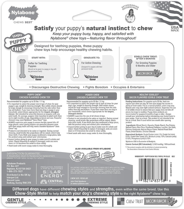 Nylabone Puppy Starter Kit, Dog Chew Toys & Chew Treat, Blue, 3 Count | Small Breeds, Chicken & Bacon Flavor, 2 Chew Toys, 1 Natural Treat, Teething Toys for Puppies, Puppy Enrichment, up to 25 Lbs11
