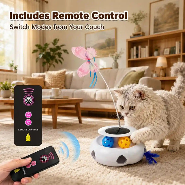 3-In-1 Interactive Cat Toy with Remote Control, Butterfly Wand & Automatic Retractable Feathers & Rolling Ball Track, Multi-Functional Cat Toy for Indoor Cats, Suitable for Bored Kitten, White5