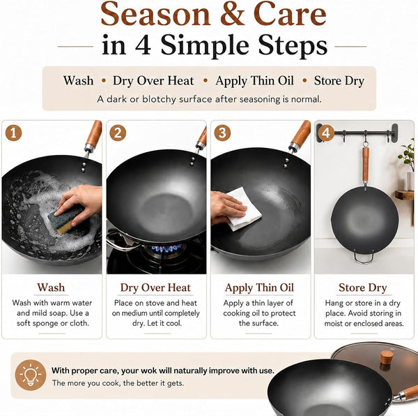Carbon Steel Wok with Lid, 12.6 Inch Flat Bottom Wok Pan, Uncoated Stir Fry Pan with Wooden Handle, Chinese Wok for Gas, Electric, Induction & Ceramic Stoves | Uncoated Stir Fry Pan with Wooden Handle for Gas, Electric, Induction & Ceramic Stoves6