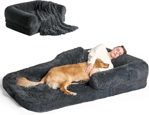 EHEYCIGA Foldable XXL Dog Bed Memory Foam-46X34X6.5", Fluffy Cover, Grey10