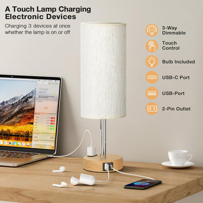 Bedside Table Lamp for Bedroom - Dimmable Touch, USB A+C, AC Outlet | 3-Way Dimmable, LED Bulb Included, Fabric Lampshade, Wood-Grain Metal Base, 14" Small Nightstand Lamp for Desk, Living Room7
