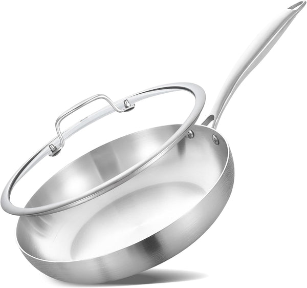 8'' Tri-Ply Stainless Steel Pan with Lid | Small Egg Omelet Pan | Riveted Handle | PFAS & PFOA Free| Frying Pan | Dishwasher Oven Safe | Induction Ready | Compatible with All Cooktops1