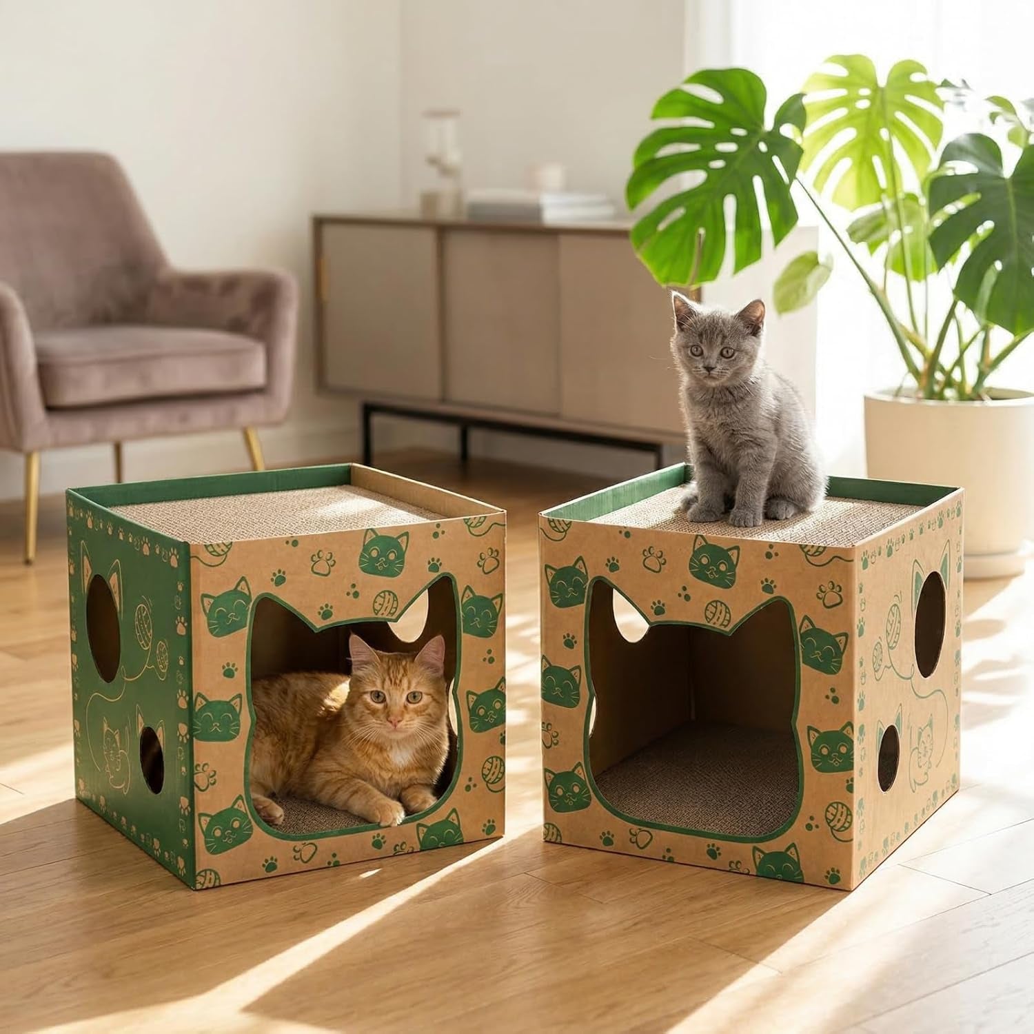 pumtus-2-pack-cardboard-cat-houses-cat-play-house-with-2-pcs-scratching-pad-corrugated-kitten-hideaway-cave-cute-cats-condos-box-cat-scratching-toy-scratcher-bed-for-indoor-cats-kittens-bunny