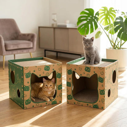 Pumtus 2 Pack Cardboard Cat Houses, Cat Play House with 2 PCS Scratching Pad, Corrugated Kitten Hideaway Cave, Cute Cats Condos Box, Cat Scratching Toy, Scratcher Bed for Indoor Cats, Kittens, Bunny9