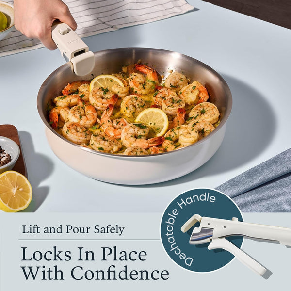 21Pcs Tri-Ply Stainless Steel Cookware Set with Detachable Handle | Pots and Pans Set, Even Heating, Non-Toxic, Induction Compatible, Dishwasher& Oven Safe, Space Saving, Camping Cooking, White6