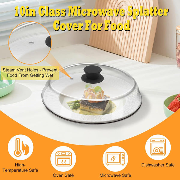10In Glass Microwave Cover for Food,Glass Microwave Cover,Food Grade | 10In Glass Microwave Cover for Food, Microwave Plate Lid with Vent Holes & Easy-Grip Handle2