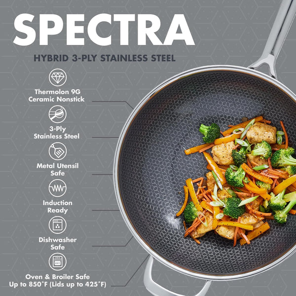 Spectra 12" Wok Pan with Lid, Hybrid Tri-Ply Stainless Steel, Pfas-Free Ceramic Nonstick Textured Cooking Surface, Induction Cookware, Diswasher Safe, Oven & Broiler Temp to 850˚F4