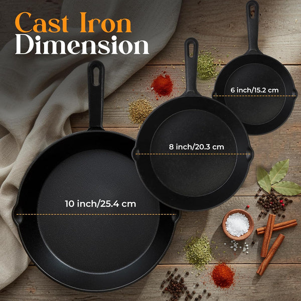 Cast Iron Skillet Set 3 Piece 6 8 10 Inch Pfas-Free Black | Chef Pan, Even Heat Distribution, Stovetop, Campfire and Grill Safe, Large Skillet Set, Indoor Outdoor Use4