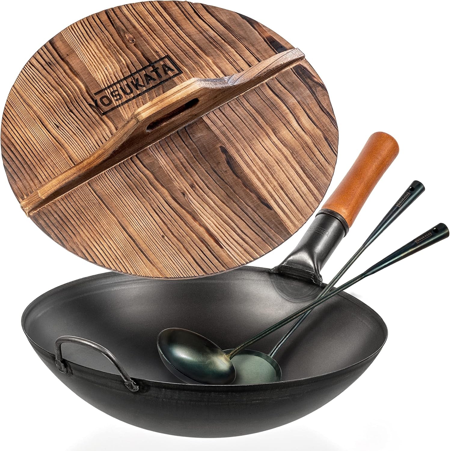 carbon-steel-wok-pan-14-with-cast-iron-wok-cover-premium-wok-cover-14-inch-pan-lid-wooden-wok-lid-14-with-blue-carbon-steel-17-inch-wok-spatula-wok-ladle-3-pairs-of-chopsticks