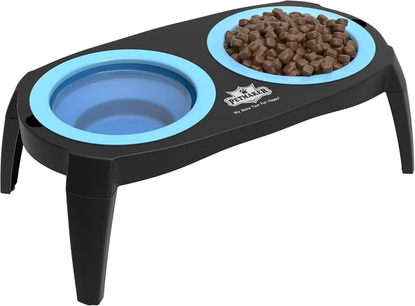 Elevated Pet Bowls Collection with Non Slip Stand for Dogs and Cats-Removeable and Collapsible Silicone Feeder for Food and Water- 16 Oz Each by PETMAKER (Pink), Blue1