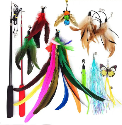 Miwoowim 2PCS Retractable Cat Teaser Wands & 9PCS Feather Refills Toy Set | Dual-Size Telescopic Rods (50" & 38"), Da Bird Feather Attachments with Bells Replacement,Interactive Fishing Pole Toys8