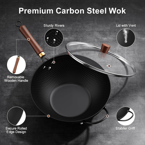 Wok with Lid, 13 Inch Carbon Steel Woks & Stir-Fry Pans Nonstick | Pre-Seasoned 5.6QT Flat Bottom Chinese Wok Pan with Lid, PFOA/PTFE Free Cookware Compatible with All Cooktops2