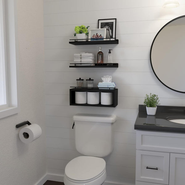 Floating Shelves for Wall with Cube Shelf, Wall Shelves with Metal Rail for Bathroom Decor, Bathroom Organizers and Storage, over Toilet Shelves for Toilet Paper-Black4