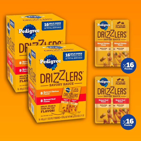 Pedigree Drizzlers Savory Sauce Wet Dog Pouch, Multipack, 16 Count, 2-Pack | Chicken & Beef Flavors, 4 Calories per Serving, 8 Ingredients, Dual-Serving Split Pouch, Maintains Kibble Crunch2