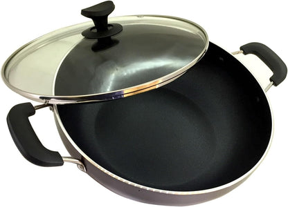Kadhai Nonstick Kadai with Glass Lid All Purpose Cookware Indoor Outdoor Aluminum Induction Base Deep Fry Pan Stir Fry Pan Wok Skillet Deep Frying Pan (240Mm) 2.2 Ltr1